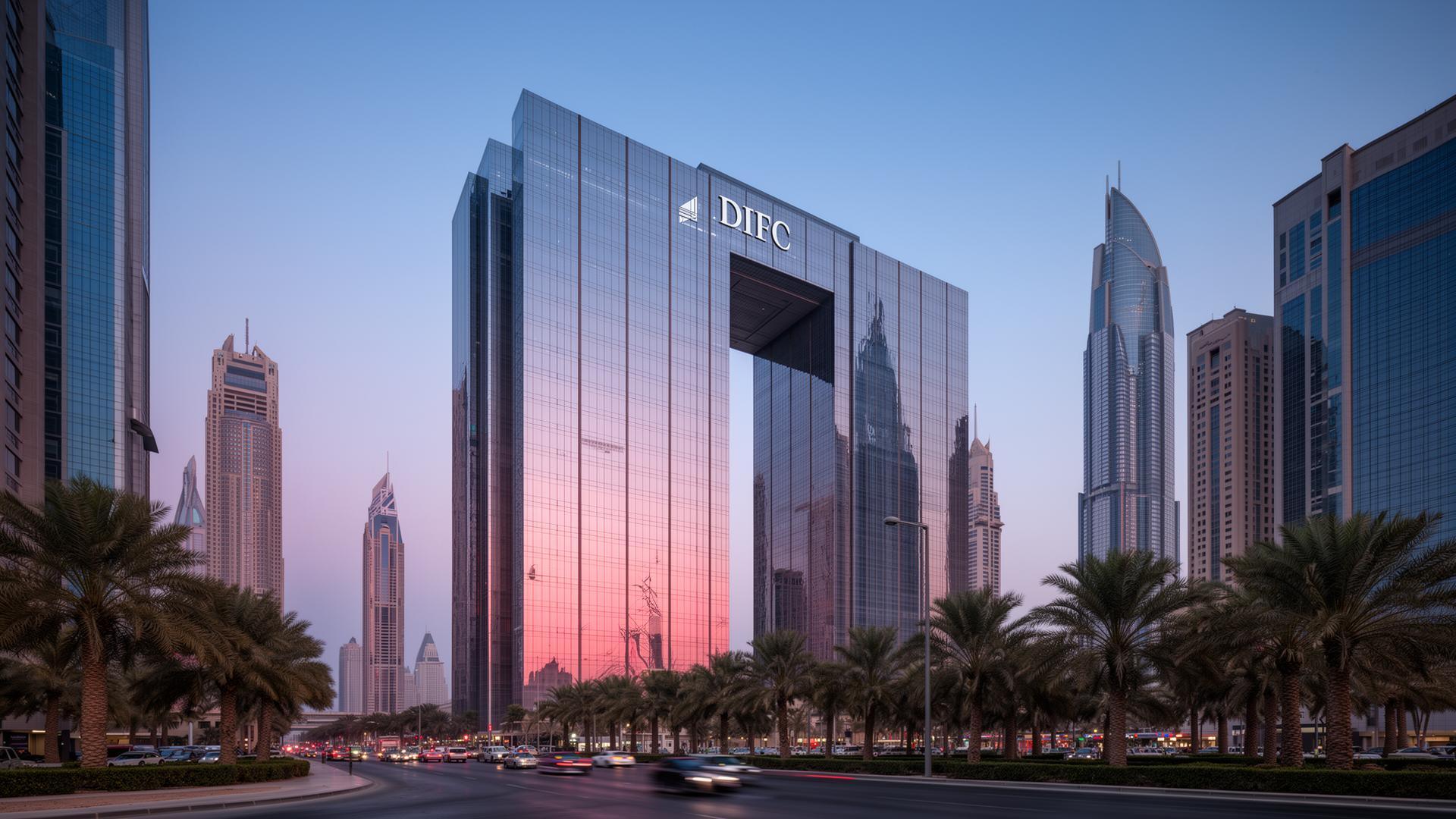 Dubai business district skyline at dawn